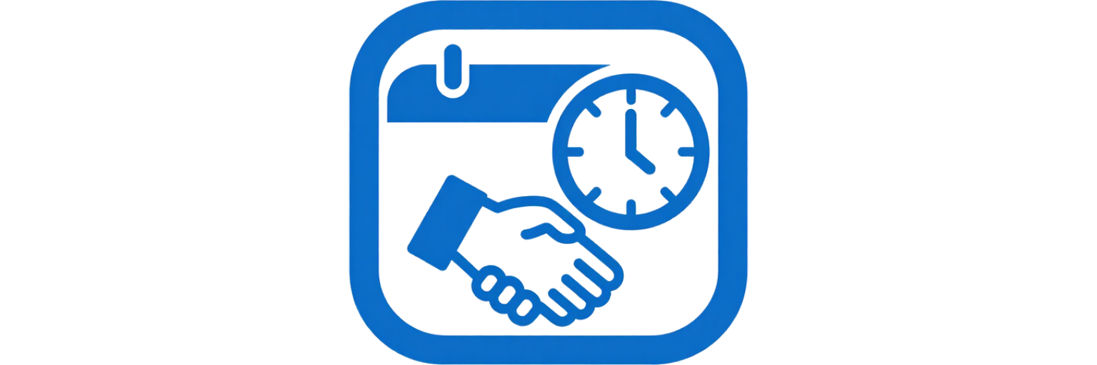Icono de apretón de manos azul y reloj dentro de un cuadrado redondeado, que sugiere programación o acuerdo.