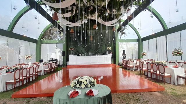 Escenario nupcial interior decorado con alfombra roja, sillas blancas, arreglos florales y vegetación colgante.