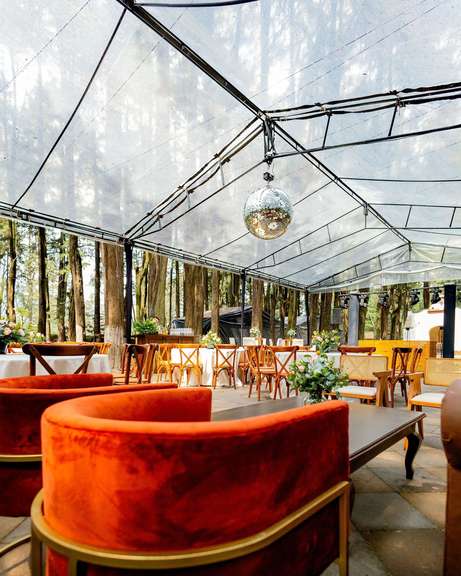 Cafetería al aire libre con sillas de terciopelo rojo, mesas de madera y techo de cristal con vistas a los árboles.