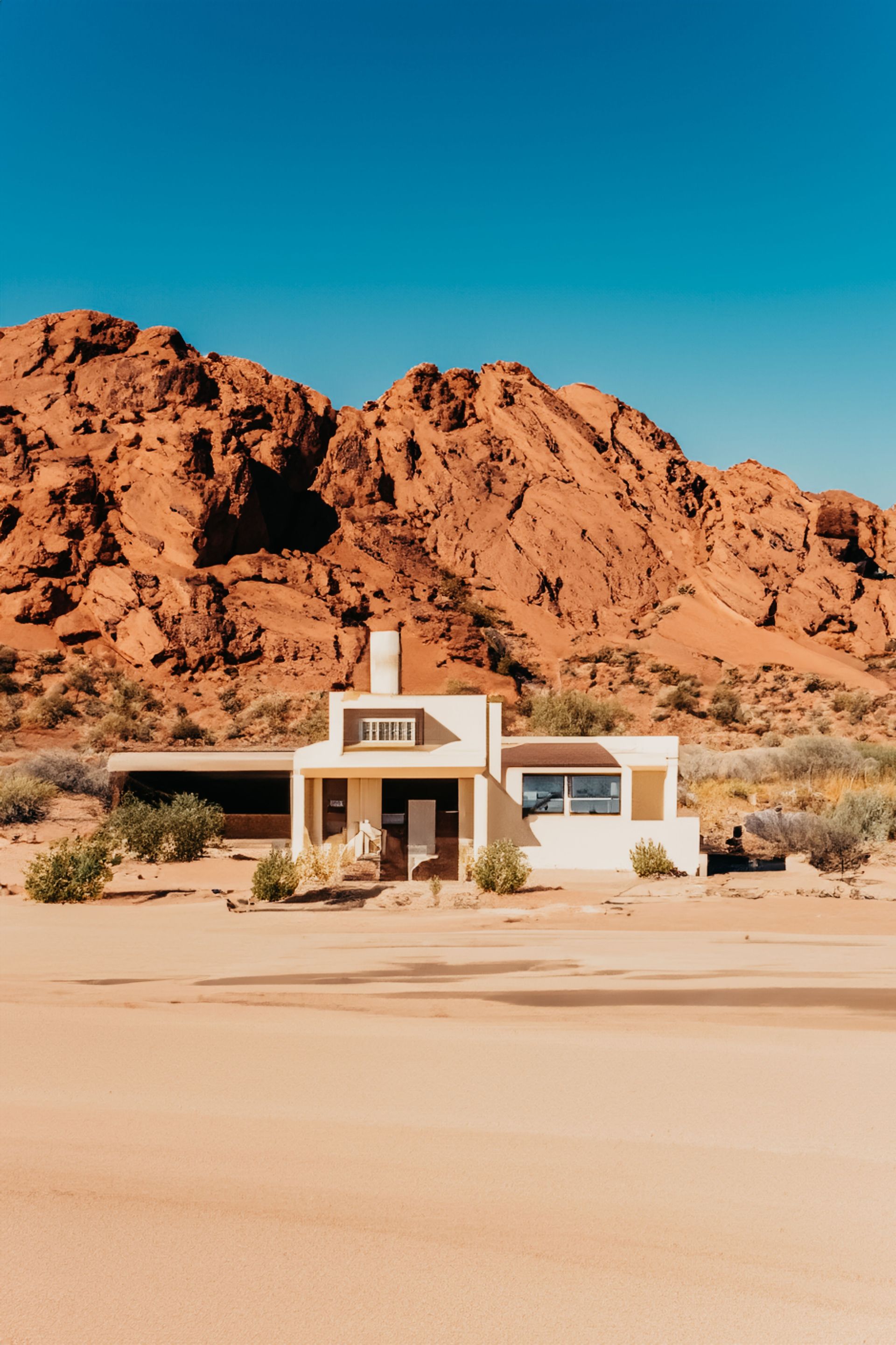 Small white house in a desert landscape with red rock cliffs under a clear blue sky