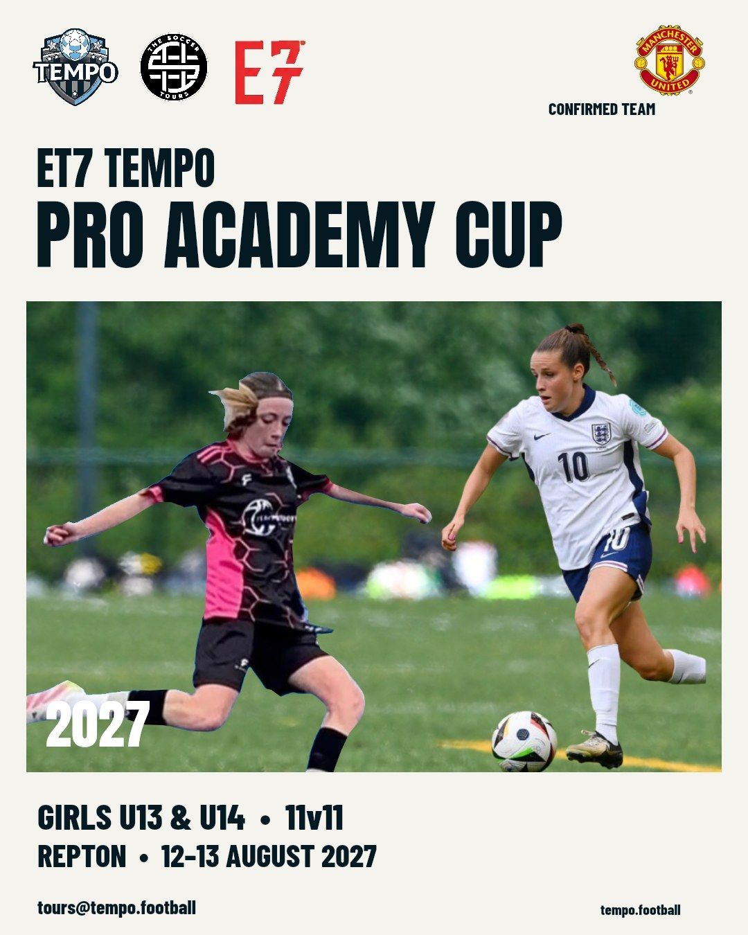 ET7 Tempo Pro Academy Cup 2027 event artwork featuring Ella Toone and Manchester United confirmation