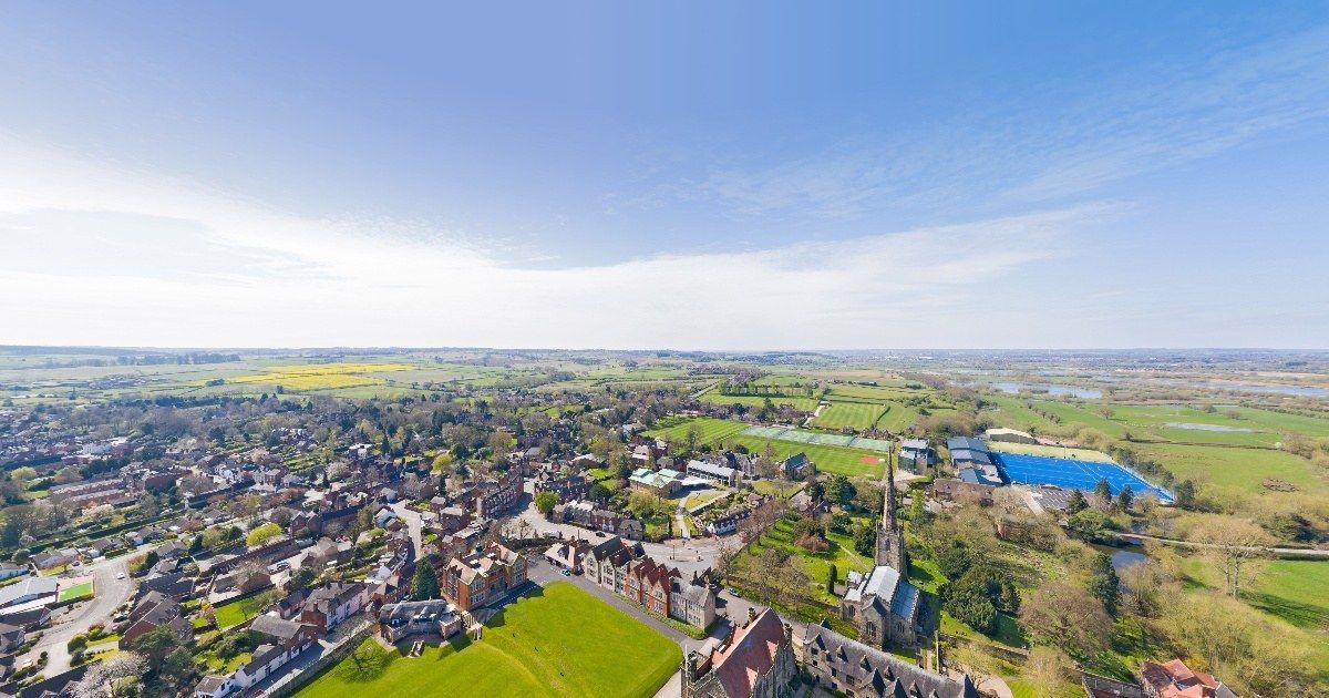 Aerial view of Repton School grounds and sports pitches