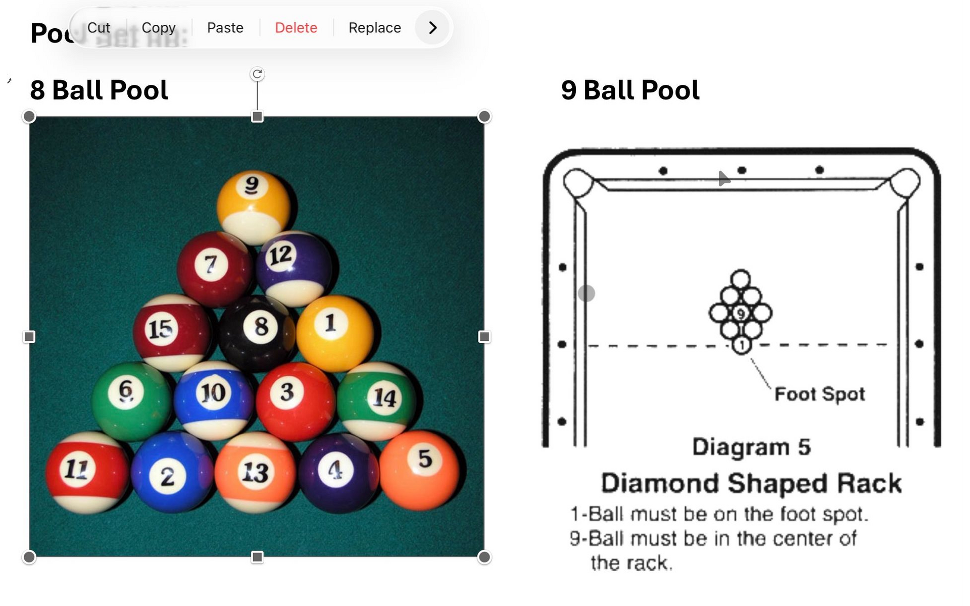 9-ball pool rack diagram with a labeled triangle of colored balls and a marked break spot on the table