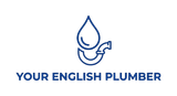 Blue plumbing droplet logo with faucet icon and text “YOUR ENGLISH PLUMBER”
