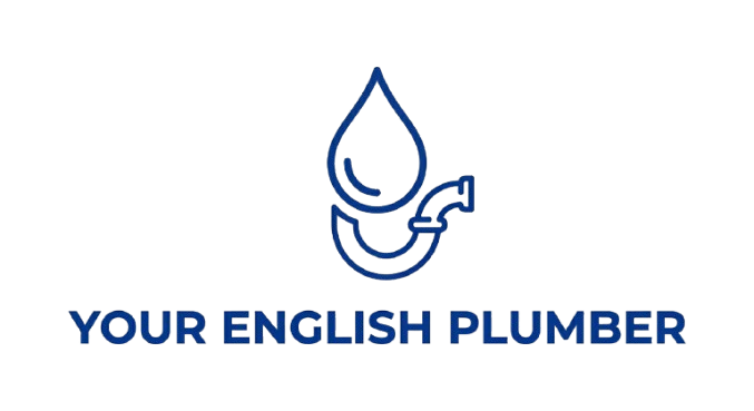 Blue plumbing droplet logo with faucet icon and text “YOUR ENGLISH PLUMBER”