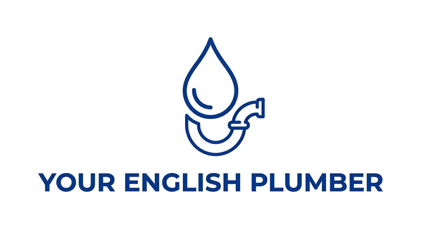 Logo with blue water droplet and wrench icon above the text “YOUR ENGLISH PLUMBER”