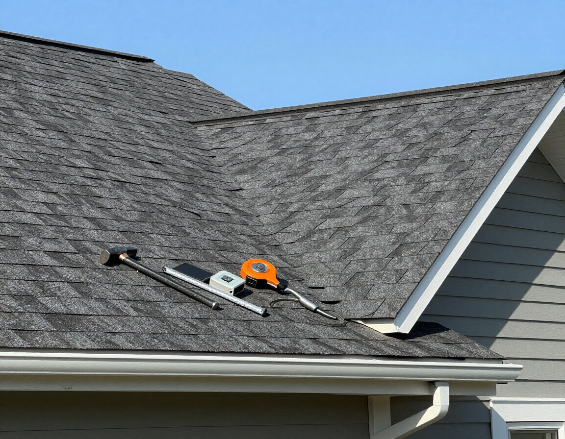 Roofing tools resting on a gray shingle roof near a house gutter and gable end