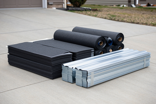 Stacked rolled and flat black foam mats beside bundled silver metal rails on a concrete driveway