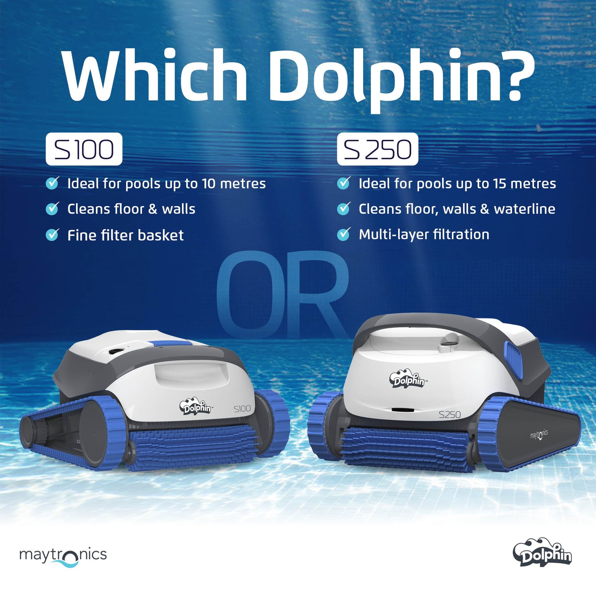 A Comparison of Two Dolphin Robotic Pool Cleaners: S100 and S250, With Features Listed and Pool Size Suitability — Manning Pools, Rubber & Foam In Old Bar, NSW