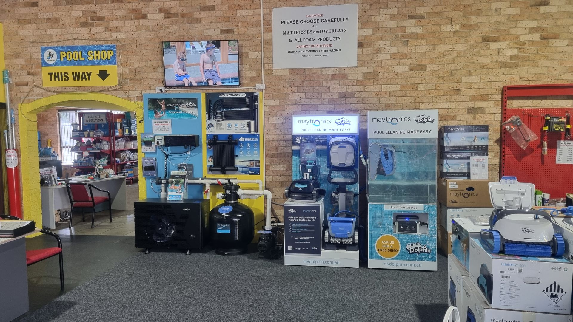 A Store Filled With Lots Of Swimming Pool Equipment — Manning Pools, Rubber & Foam In Taree, NSW