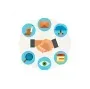 A handshake surrounded by icons on a white background.