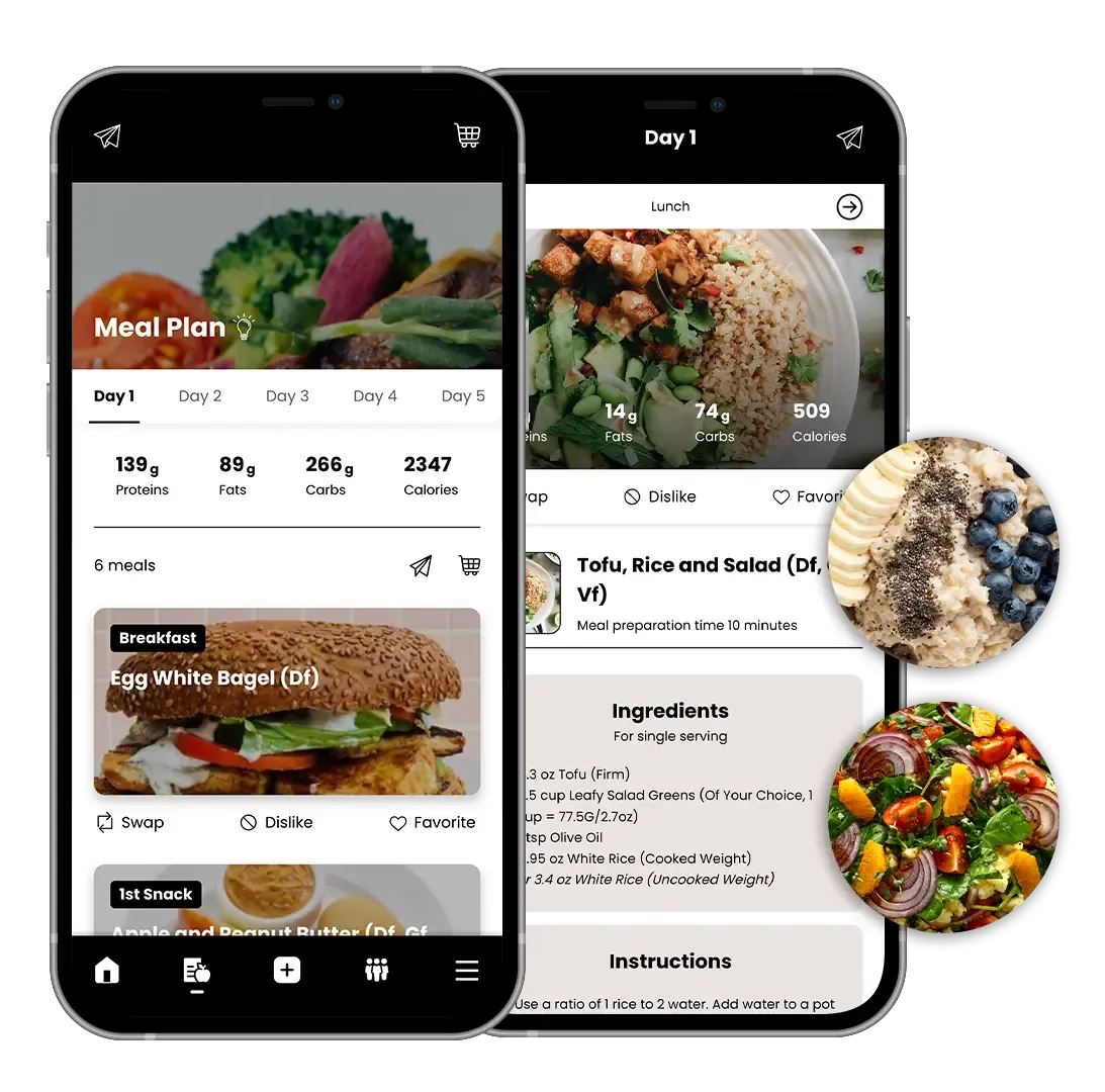 Two smartphones displaying a meal planning app with food images and nutritional information.