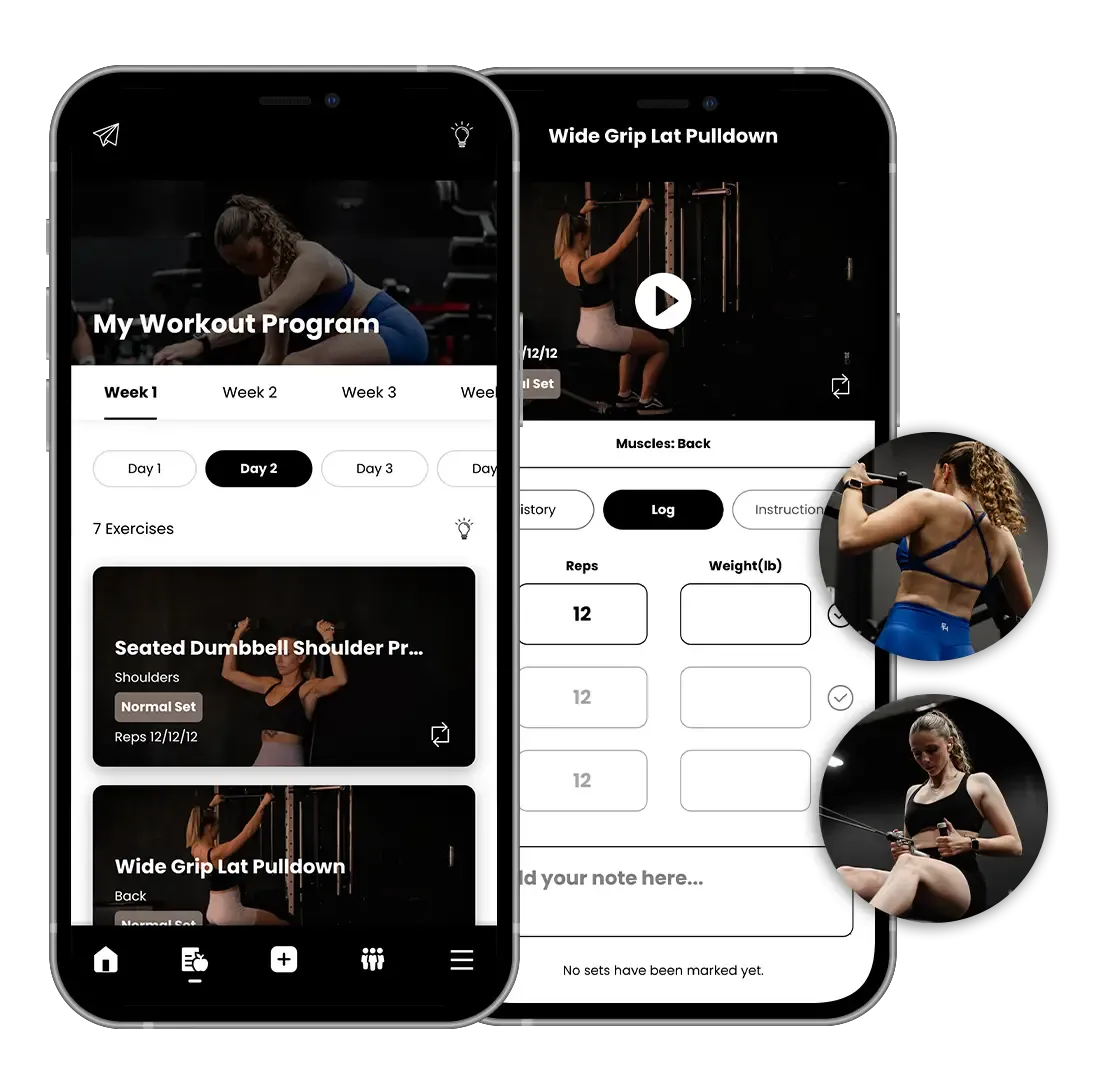 Two smartphones displaying a fitness app interface, showcasing workout routines and exercise videos.