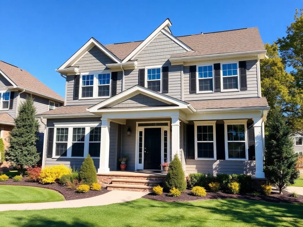 Two-story house with gray siding, black shutters, and a covered porch on a sunny day.