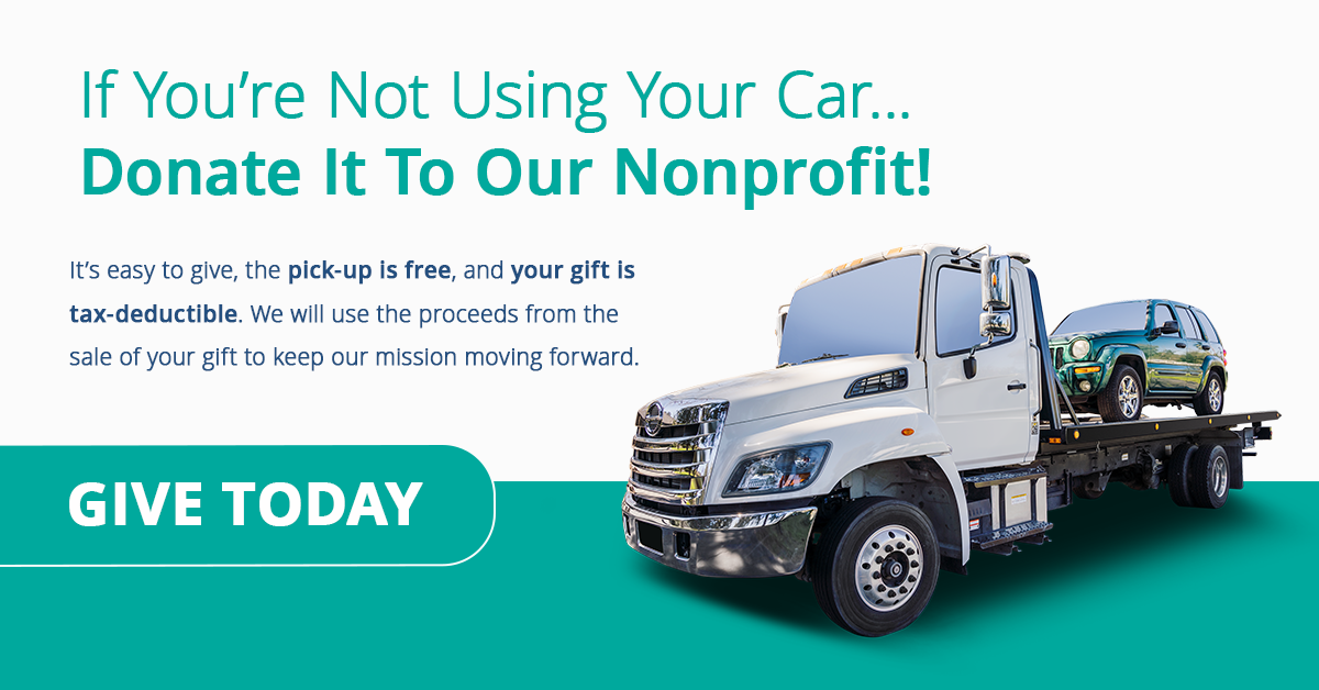 A tow truck hauling a car, promoting car donations to a nonprofit. Text:
