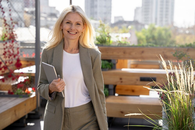 Blonde woman in a suit smiling, holding a tablet, on a rooftop with city background.