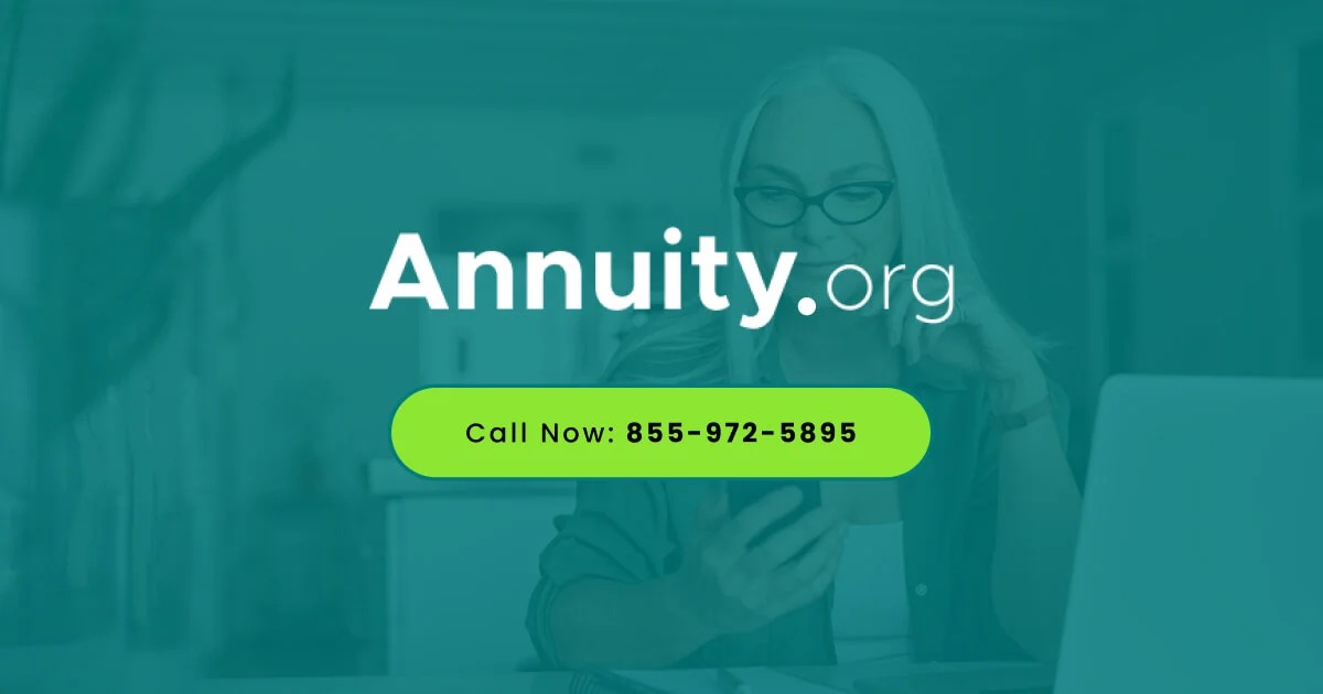 Annuity.org ad: Woman with glasses holding phone, call now 855-472-6816, teal background.
