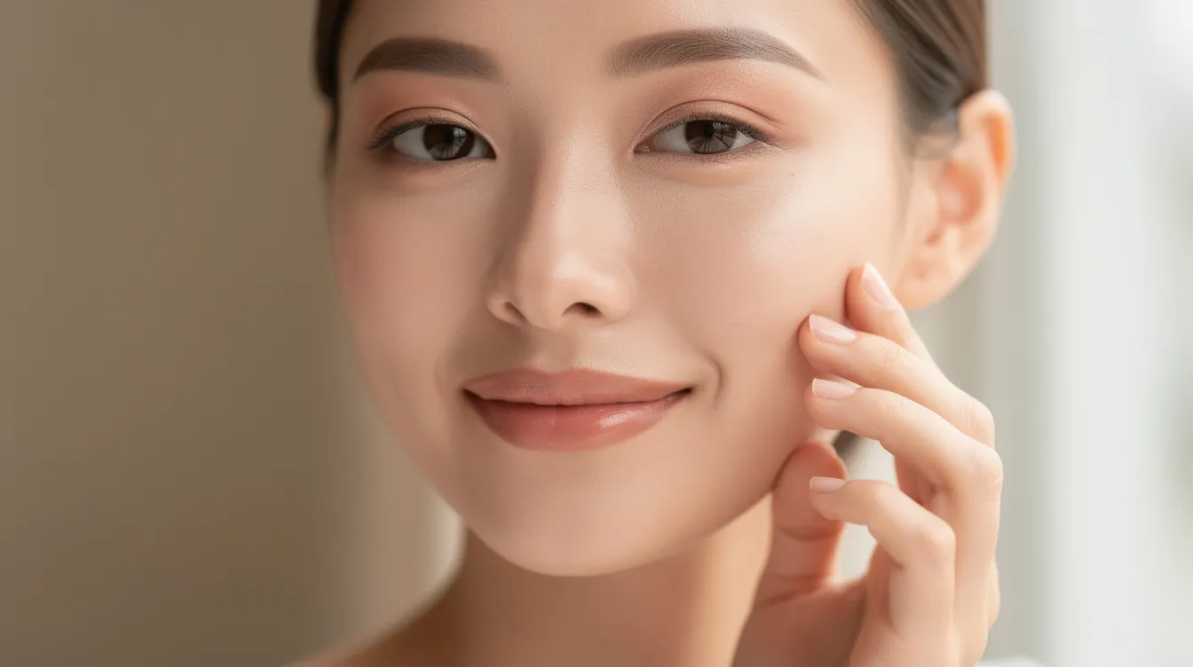 A person is gently touching their clear and calm face, illuminated by soft natural light, suggesting a sense of tranquility and health. This serene expression may reflect the benefits of natural remedies like milk thistle, known for its antioxidant properties and support for liver health.