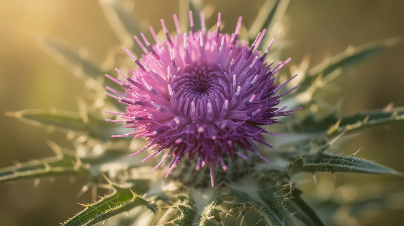 A close-up view of a vibrant purple thistle flower surrounded by spiny green leaves, illuminated by warm sunlight. This milk thistle plant is known for its potential health benefits, including support for liver health and antioxidant properties.