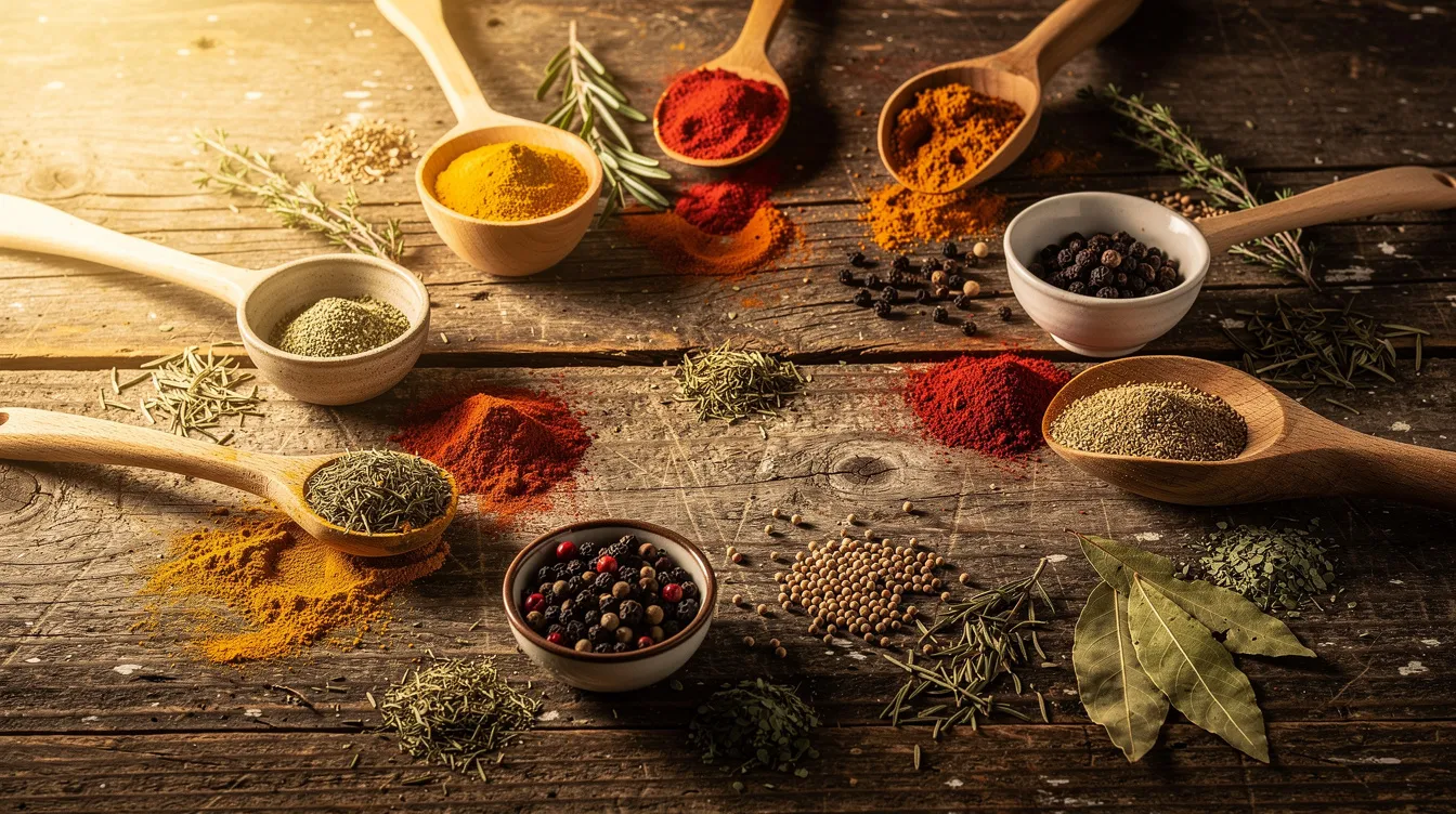 Assorted colorful spices and herbs in wooden spoons on a rustic wooden table
