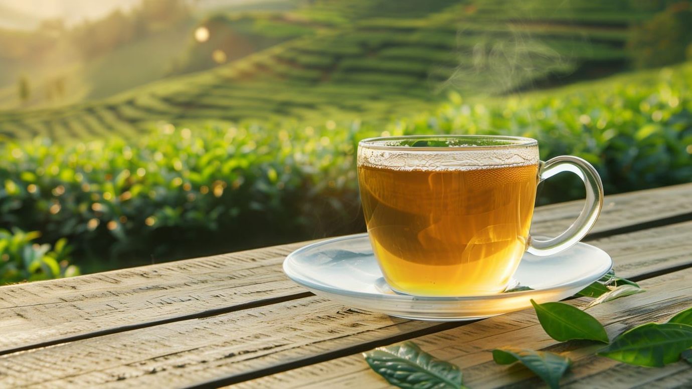 Cup of tea on a saucer, steam rising, set against a tea plantation in sunlight.