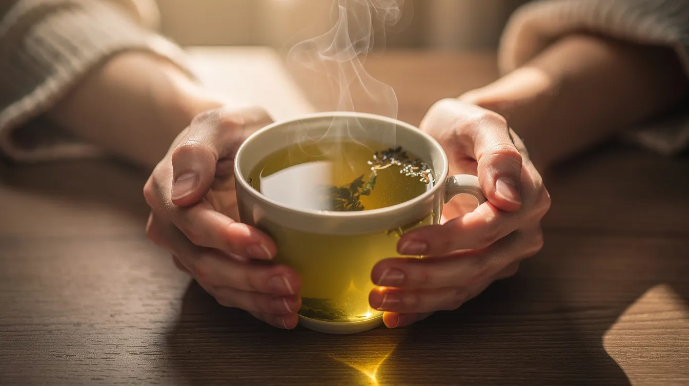 A pair of hands gently cradles a warm cup of herbal tea, suggesting comfort and relaxation. This soothing beverage may be infused with beneficial herbs like milk thistle, known for its potential health benefits, particularly in supporting liver health and function.