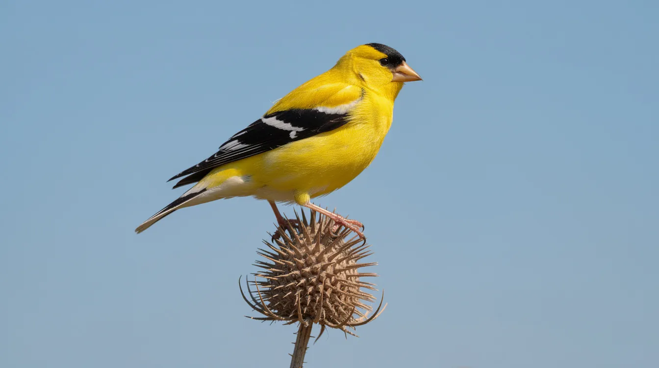 A vibrant yellow goldfinch is perched atop a dried thistle seed head, set against a clear blue sky. The thistle, known for its sharp spines and nutritious seeds, provides a striking contrast to the bird's bright plumage.