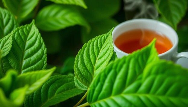 Cup of tea nestled among vibrant green leaves.
