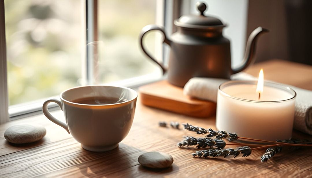 Cup of tea, lit candle, and lavender sprigs on a wooden table near a window.