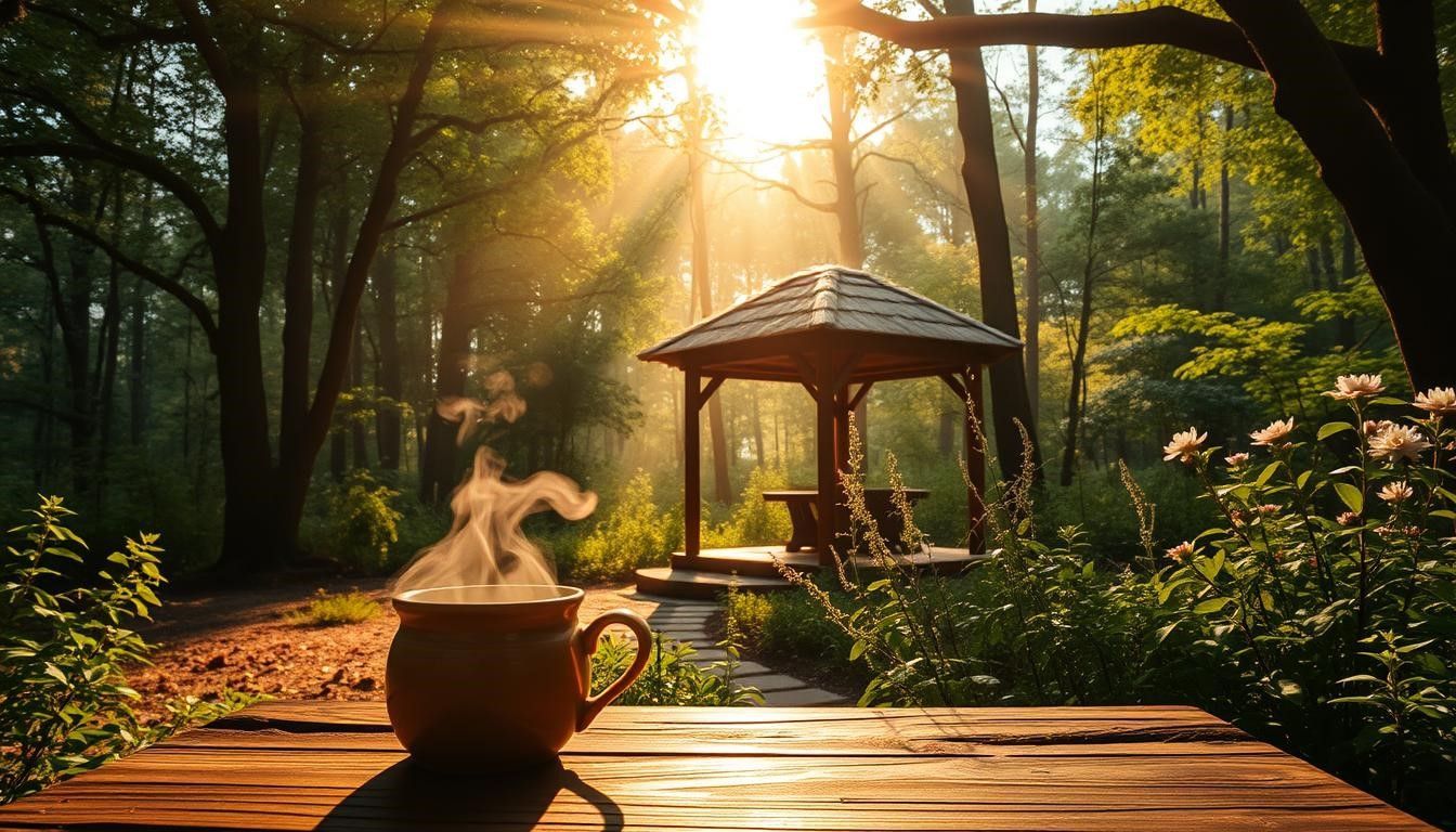 Steaming mug on a wooden table, sunlight through trees, gazebo in the background.