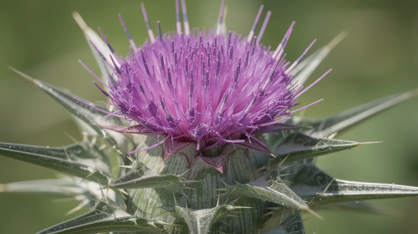 Purple thistle flower with spiky green leaves in close-up