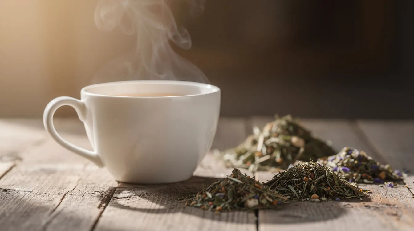 A steaming cup of herbal tea sits on a wooden table, accompanied by a small pile of dried herbs, including milk thistle, known for its potential health benefits such as supporting liver health and reducing allergy symptoms. The warm tea emits a soothing aroma, suggesting a moment of relaxation and wellness.