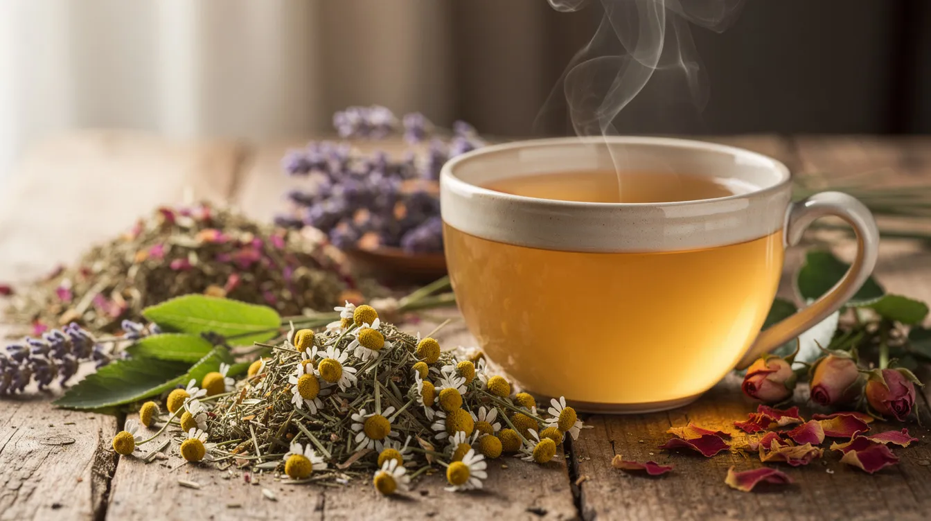 A steaming cup of herbal tea sits on a rustic wooden table surrounded by piles of dried chamomile flowers and rose petals.