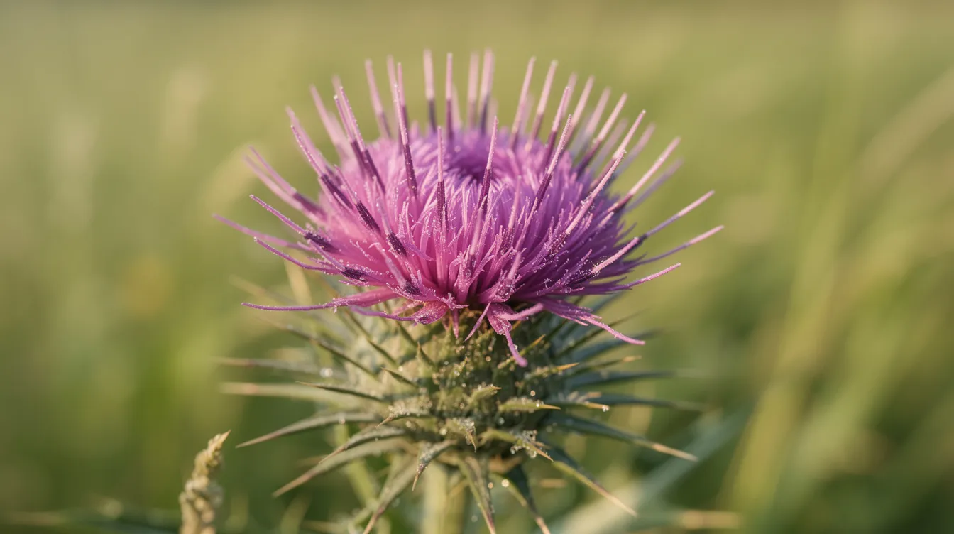 Close-up of a purple thistle flower with spiky green stems against a blurred grassy background