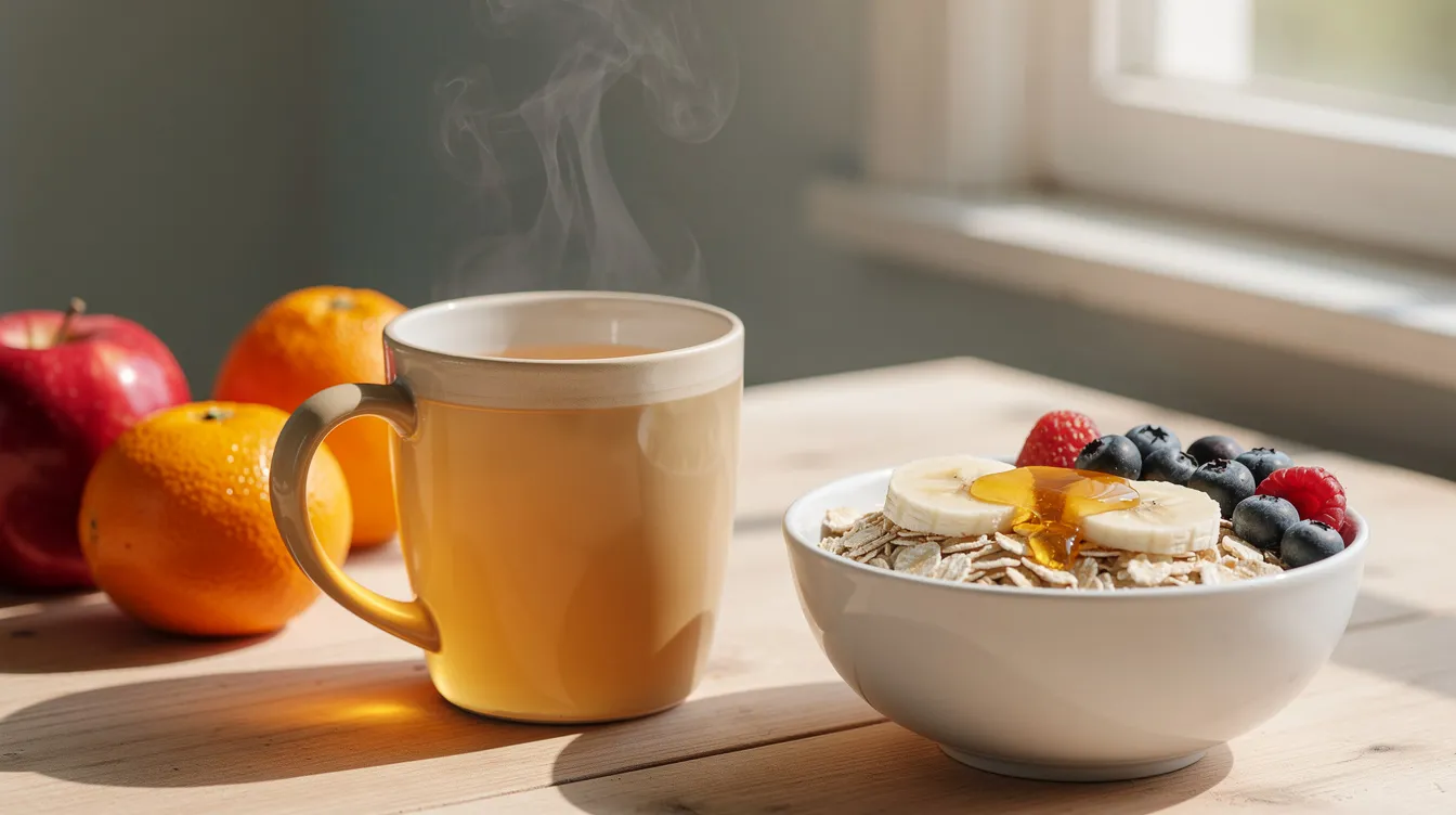 A warm mug of herbal tea sits beside a bowl of fresh fruit and oats, promoting gut health and helping to relieve bloating. This comforting scene suggests a natural approach to digestion, potentially aiding those with digestive issues like irritable bowel syndrome.