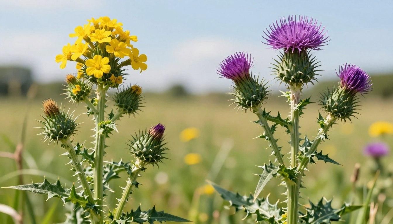 Yellow and purple thistle wildflowers in a field, with a blurred background of greenery and blue sky.