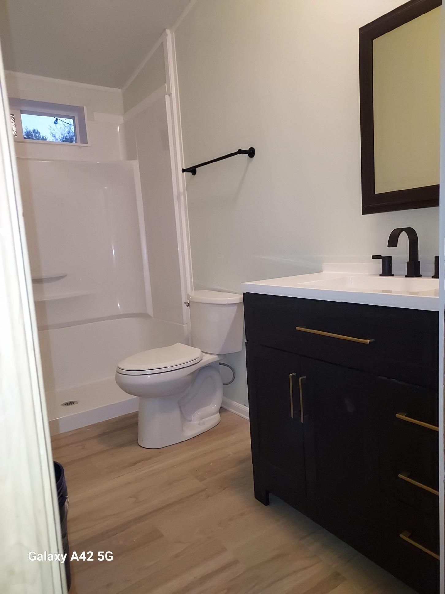 A modern bathroom with light green walls, a black vanity, a white toilet, and a walk-in shower with light wood flooring.
