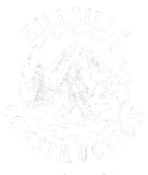 Logo for Hillsilly Construction featuring a Bigfoot figure walking in front of a mountain, surrounded by trees.