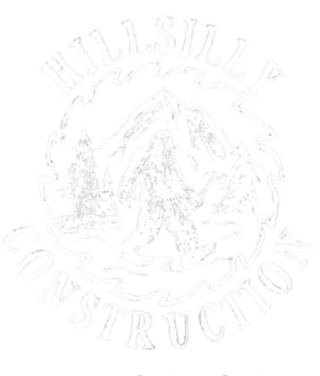 Logo for Hillsilly Construction featuring a Bigfoot figure walking in front of a mountain, surrounded by trees.
