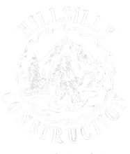 Logo for Hillsilly Construction featuring a Bigfoot figure walking in front of a mountain, surrounded by trees.