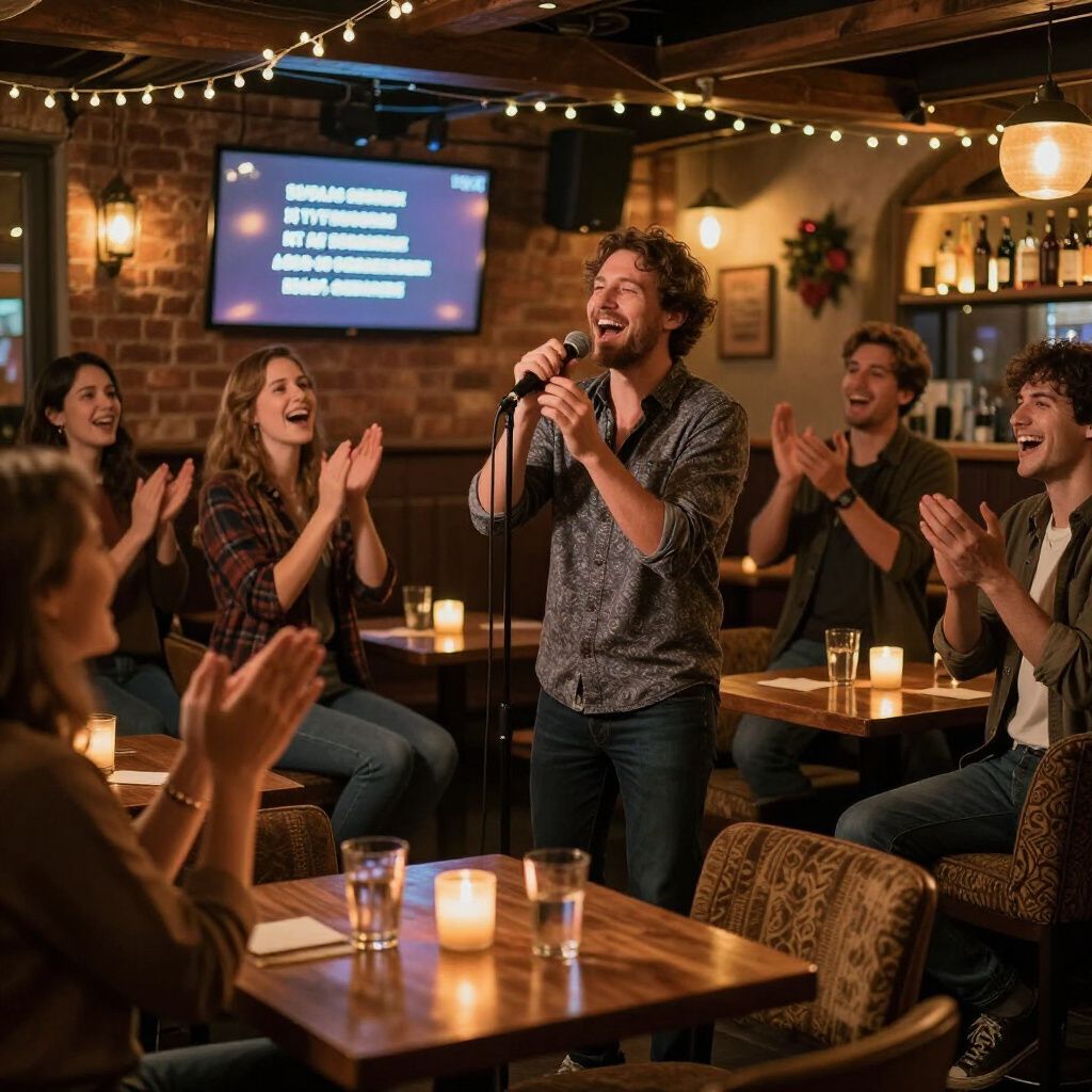 People at a bar, clapping for a man singing karaoke into a microphone.