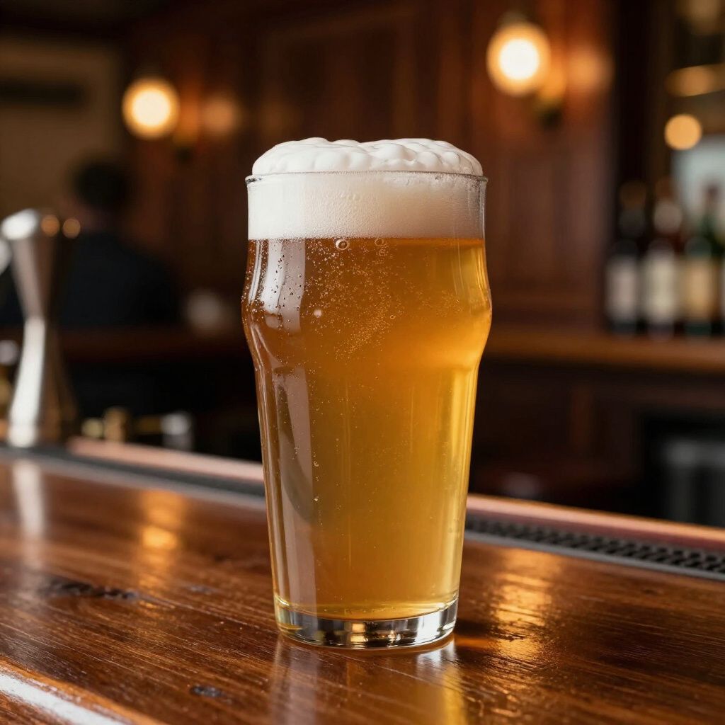 Pint glass of beer on a wooden bar with a foamy head, blurry bar background.