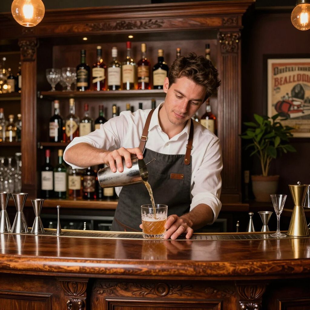 Bartender pouring a cocktail from a shaker into a glass at a wooden bar, bottles on shelves in the background.