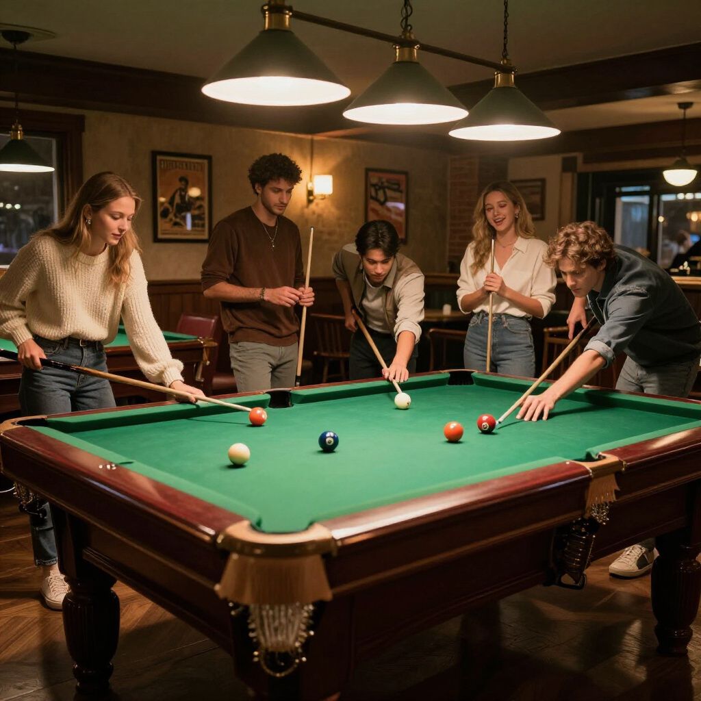 Group of people playing pool in a dimly lit bar. They are focused, with cues in hand, surrounding the table.