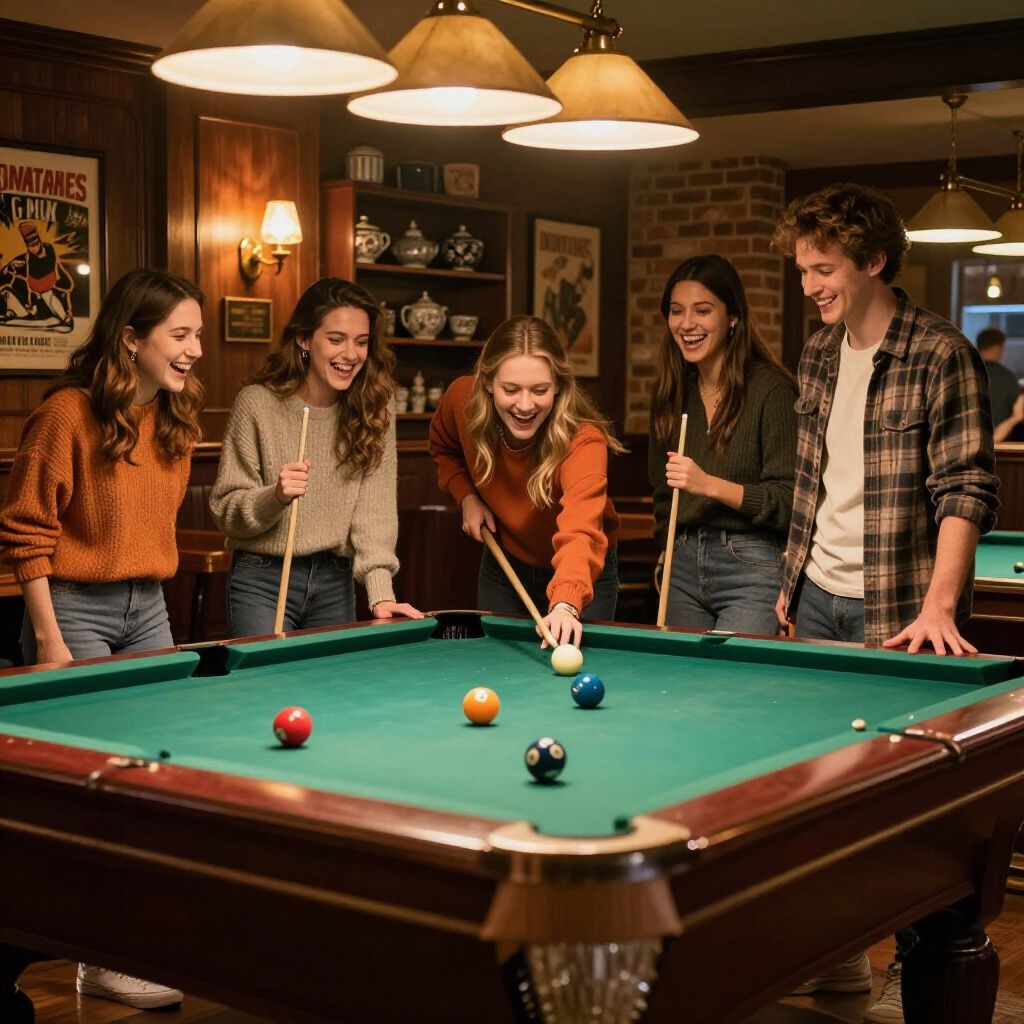 Five young people playing pool in a dimly lit room, laughing and smiling.