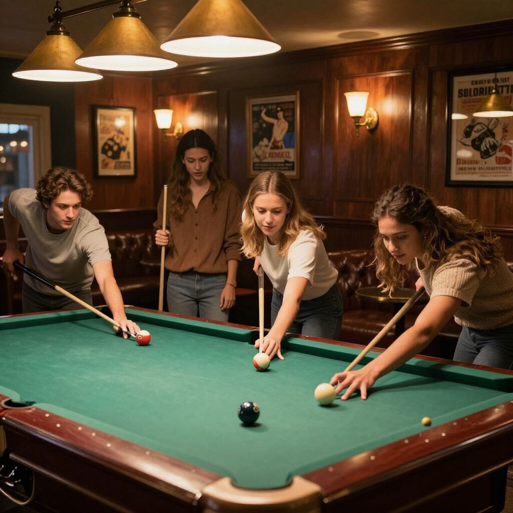 Four people playing pool in a dimly lit room. They aim at balls with cues on a green felt table.