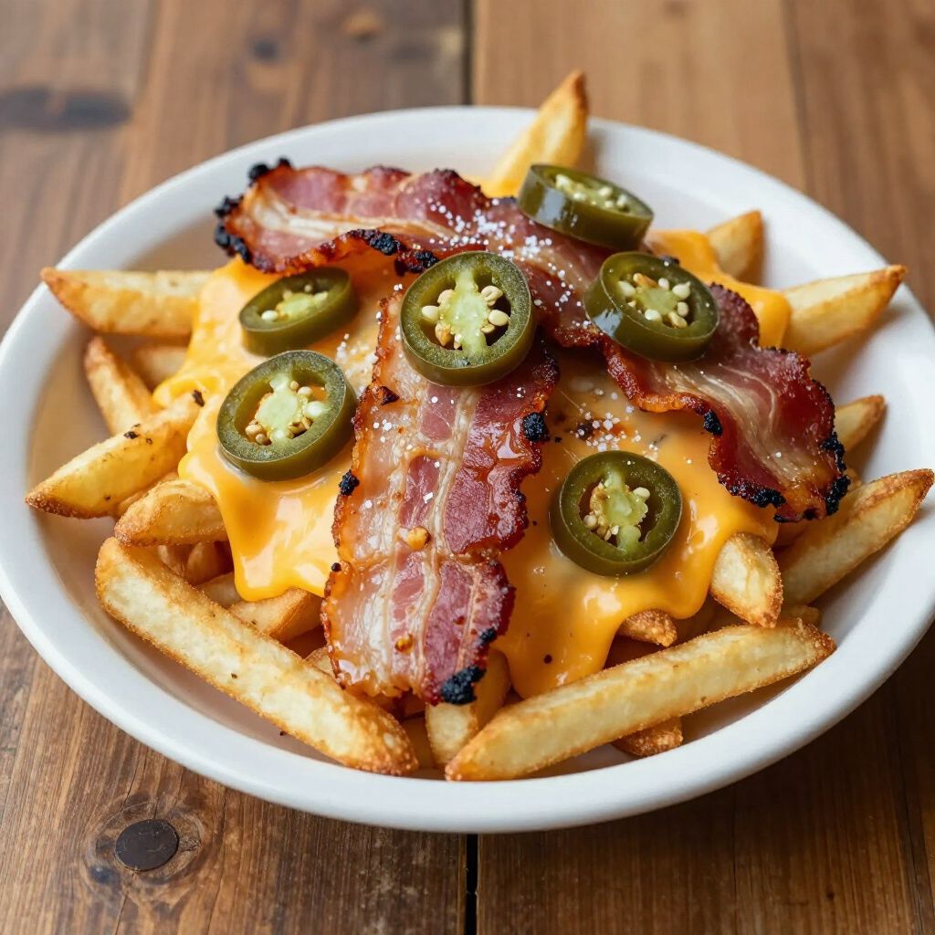 Fries with melted cheese, bacon, and jalapeños in a white bowl on a wooden surface.