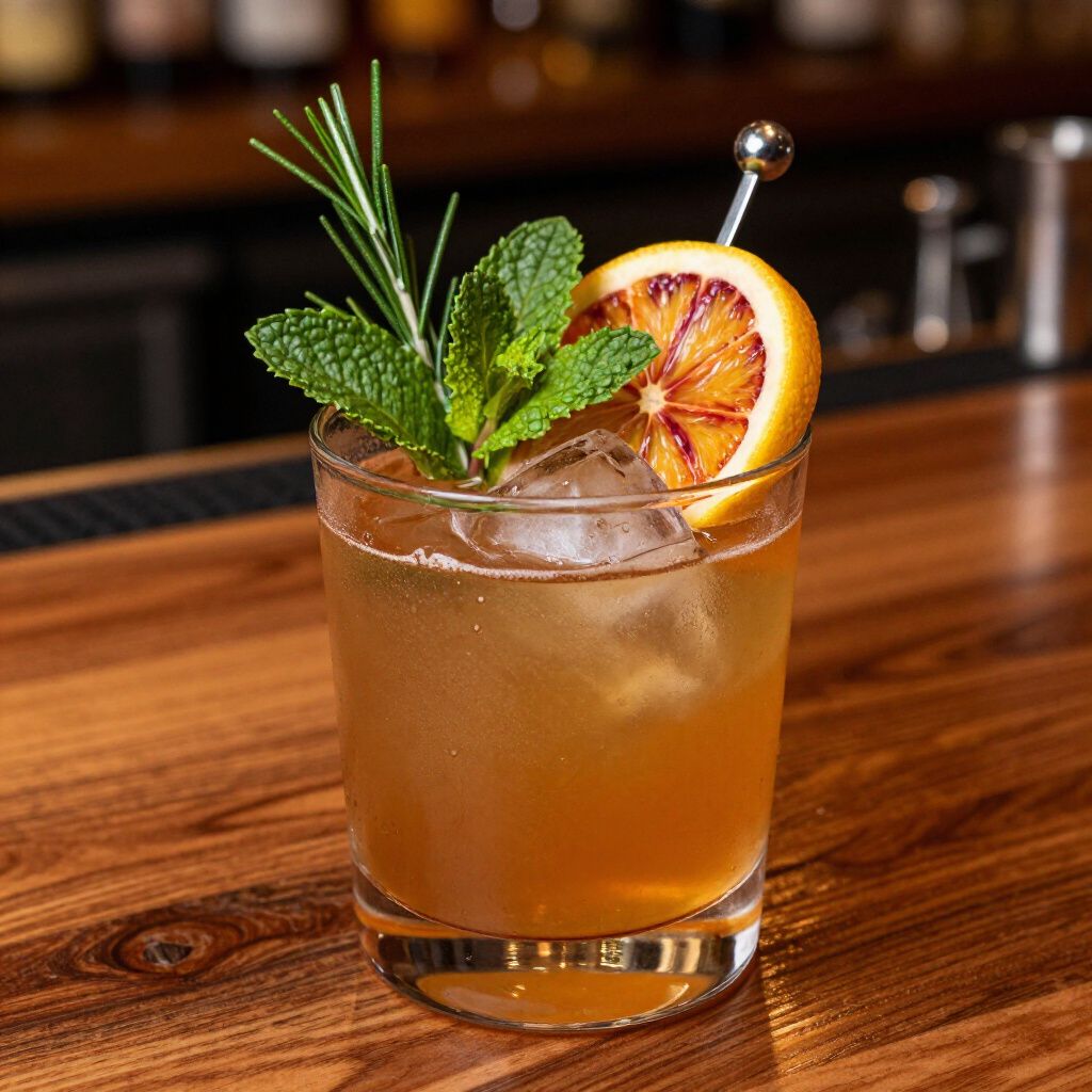 Cocktail in a rocks glass, garnished with mint, rosemary, and orange slice, on a wooden bar.