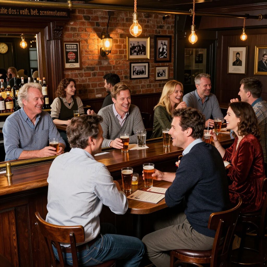 People laughing and drinking at a warmly lit bar with exposed brick and hanging light bulbs.
