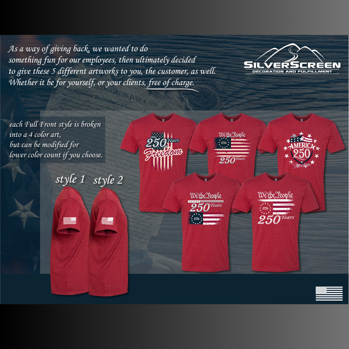 Red T-shirt designs displayed in a catalog layout on a dark background with America 250 branding